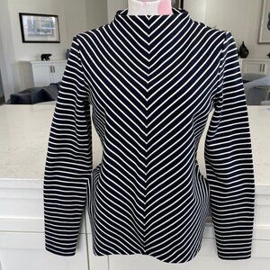 Talbots LS Mock Neck Nautical Chevron Striped 100% Cotton Top Navy + White Sz S